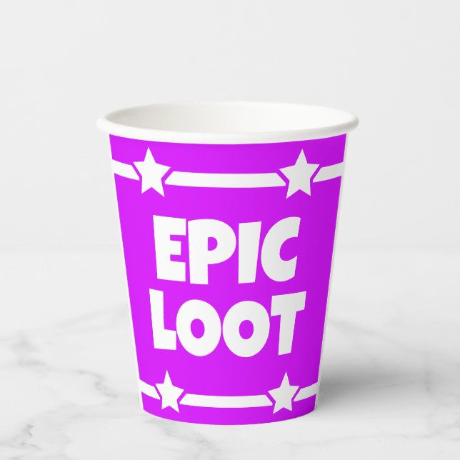 Epic Loot Gamer Neon Purple Star Text Slogan Paper Cups (Front)