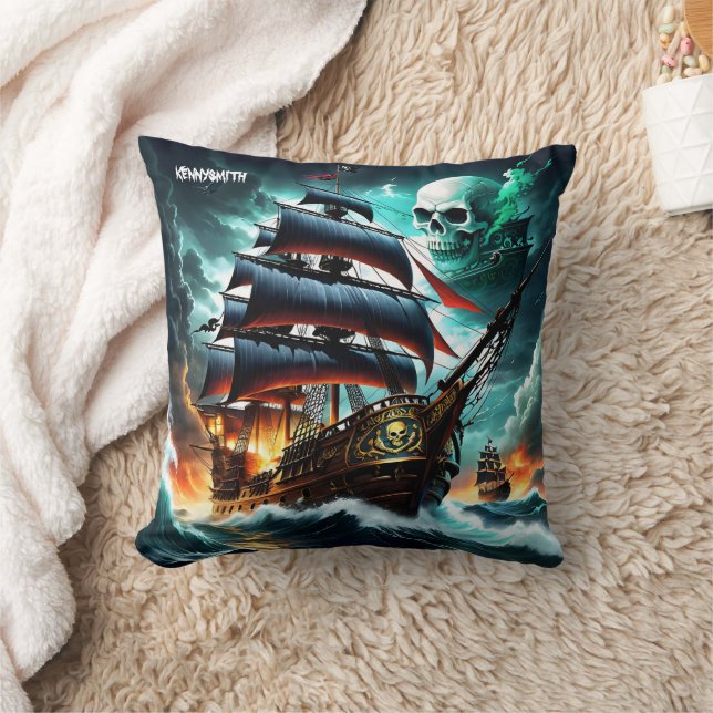 Epic Pirate Ship Battling Stormy Seas at Dusk Throw Pillow (Blanket)