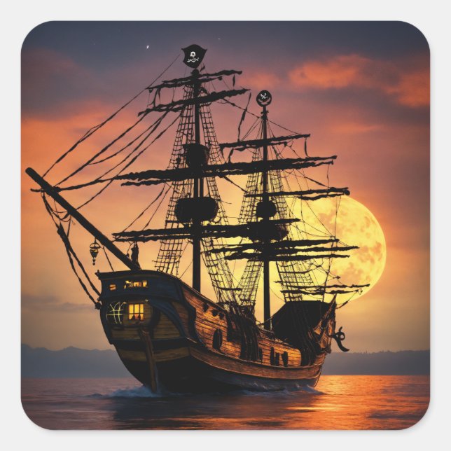 Epic Pirate Ship Silhouette Sunset Moon Large Circ Square Sticker (Front)
