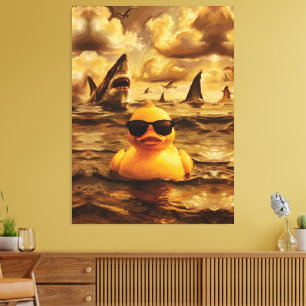 Epic Shark Attack with Brave Rubber Duck Canvas Print
