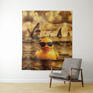 Epic Shark Attack with Brave Rubber Duck Tapestry