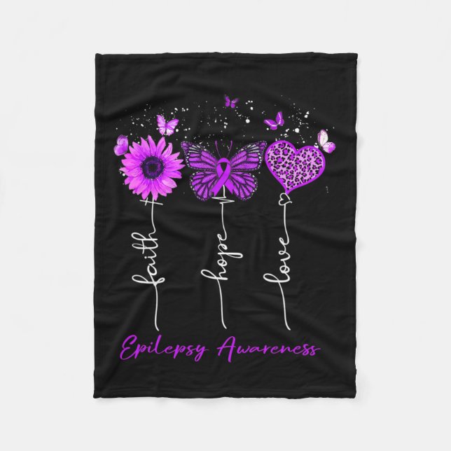 Epilepsy Awareness Faith Hope Love Leopard Sunflow Fleece Blanket (Front)