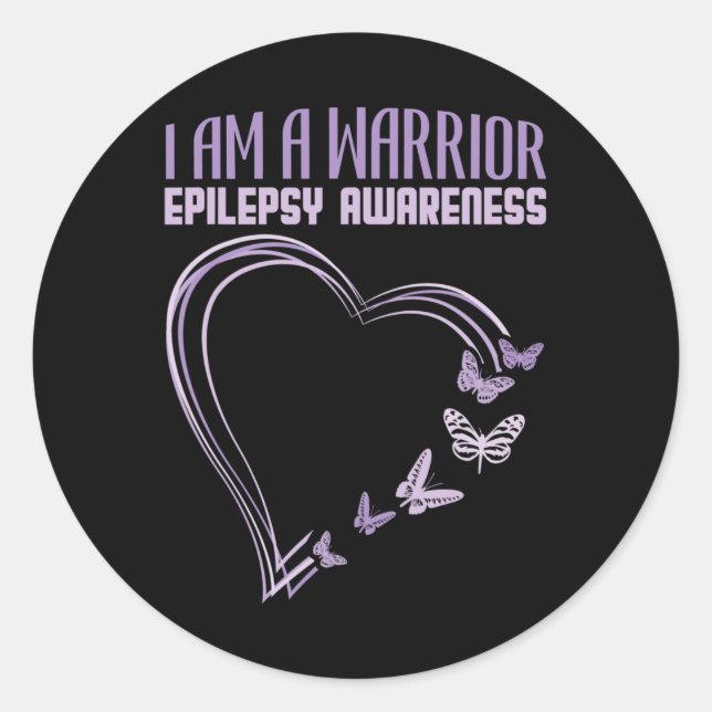 Epilepsy Awareness I'm A Warrior Heart Butterfly  Classic Round Sticker (Front)
