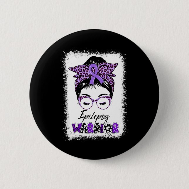 Epilepsy Awareness Messy Bun Warrior Leopard Banda 2 Inch Round Button (Front)