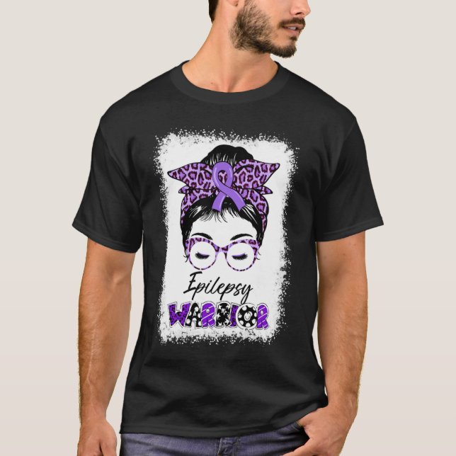 Epilepsy Awareness Messy Bun Warrior Leopard Banda T-Shirt (Front)
