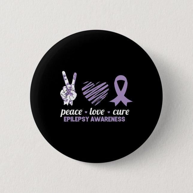 Epilepsy Awareness Peace Love Cure Ribbon  2 Inch Round Button (Front)