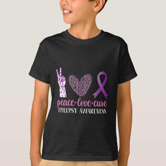 Epilepsy Awareness Ribbon Peace Love Cure  T-Shirt (Front)