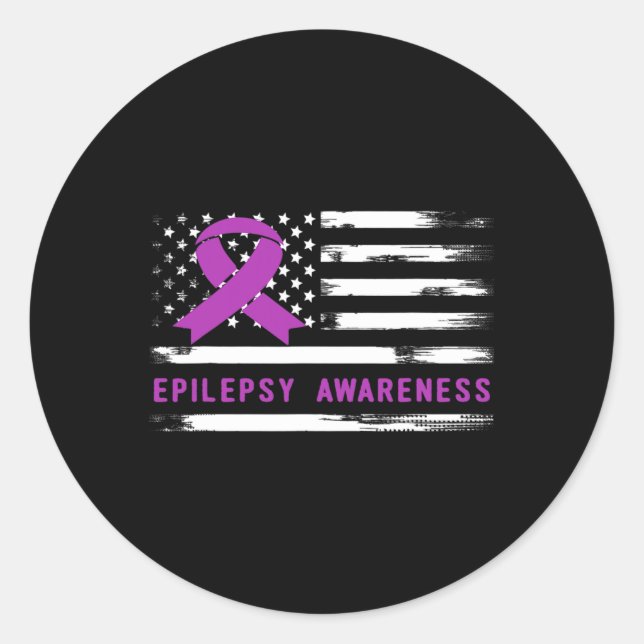 Epilepsy Awarness American Flag Purple Ribbon  Classic Round Sticker (Front)