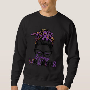 Epilepsy Warrior Messy Hair Bun Woman Glasses Leop Sweatshirt