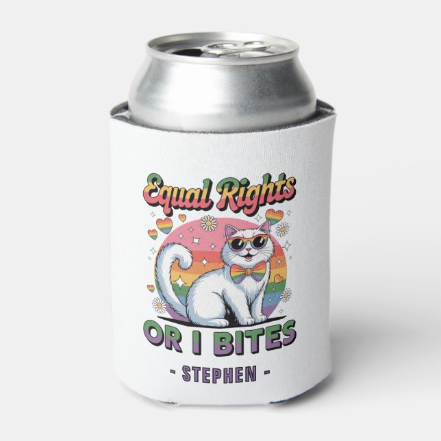 Equal Rights – Funny Cute White Cat LGBTQ Pride Can Cooler (Can Front)
