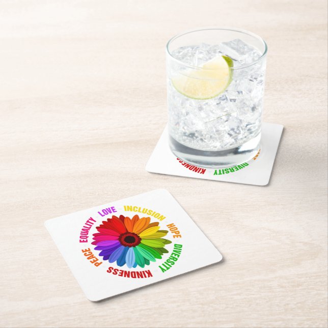 Equality Love Inclusion Hope Diversity Kindness Square Paper Coaster (Insitu)