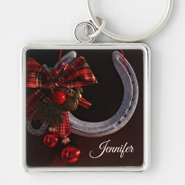 Equestrian Christmas Hanging Horseshoe Photo Keychain (Front)