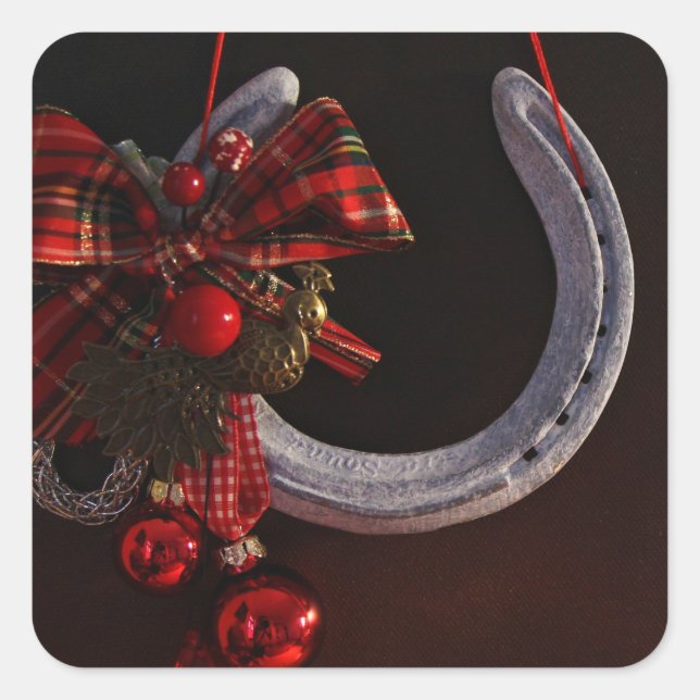 Equestrian Christmas Hanging Horseshoe Photo Square Sticker (Front)