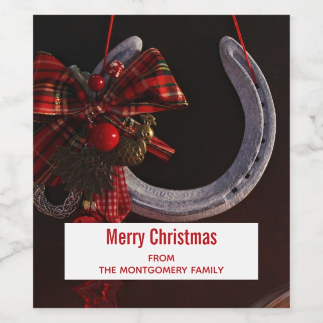 Equestrian Christmas Hanging Horseshoe Photo Wine Label (Single Label)