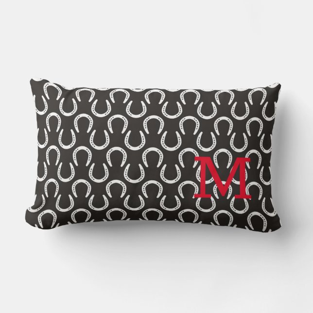 Equestrian Horse Initial Horseshoe Pattern Preppy Lumbar Pillow (Front)