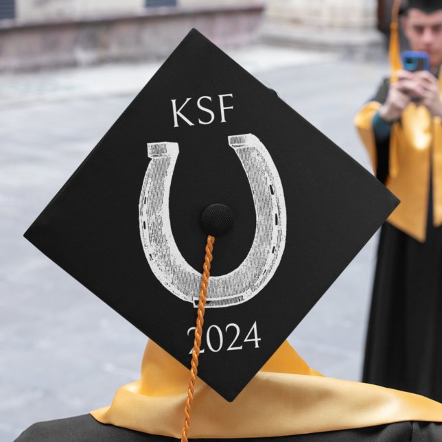 Equestrian Monogram Black Minimal Horseshoe Graduation Cap Topper (Creator Uploaded)