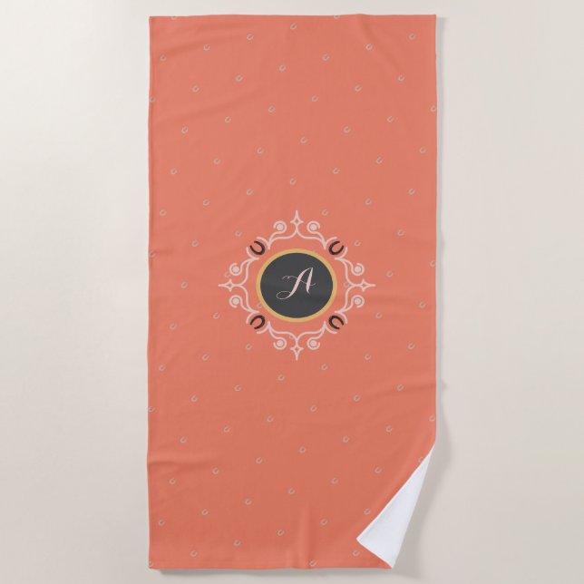 Equestrian Monogram Lucky Horseshoe Pattern Beach Towel (Front)