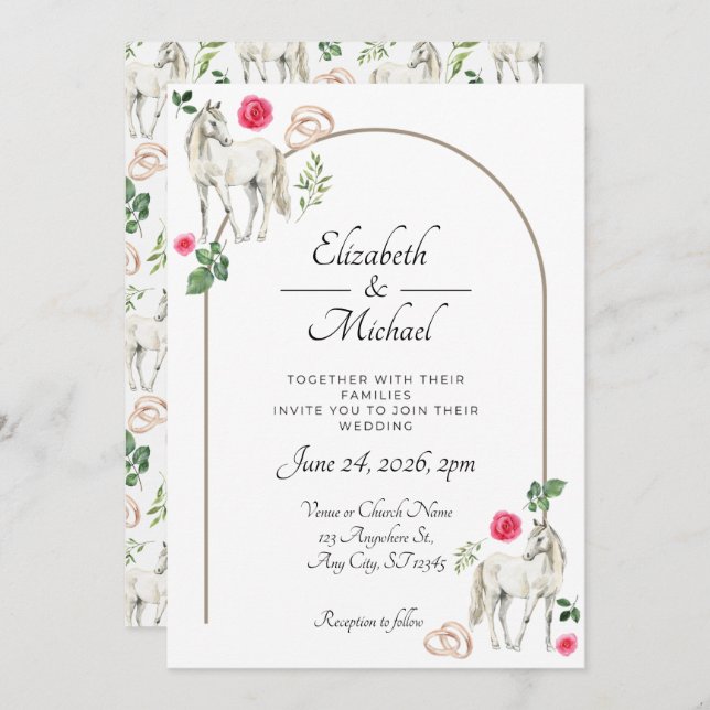 Equestrian Pink Floral Wedding Invitation  (Front/Back)