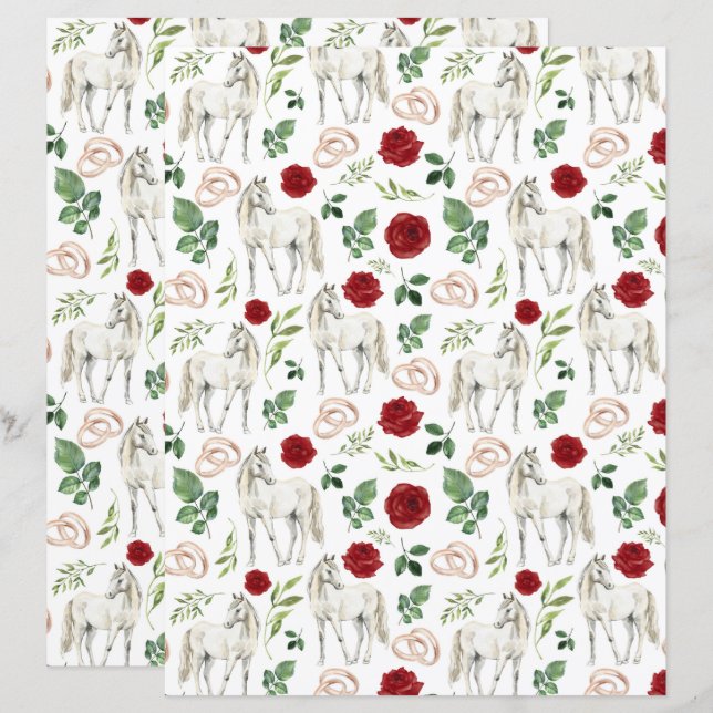 Equestrian Red Floral Wedding Scrapbook Paper (Front/Back)