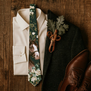 Equestrian Wedding White Rose & Horse Hunter Green Tie