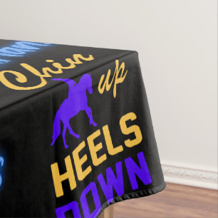 Equestrians Chin Up Heels Down in Blue Yellow Tablecloth