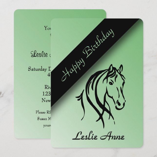 Equine Anniversaire Invitation Green (Devant / Derrière)