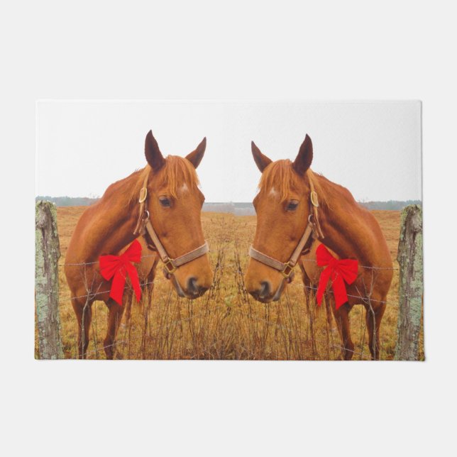 Equine Christmas, Brown Horse with red bow  Doormat (Front)