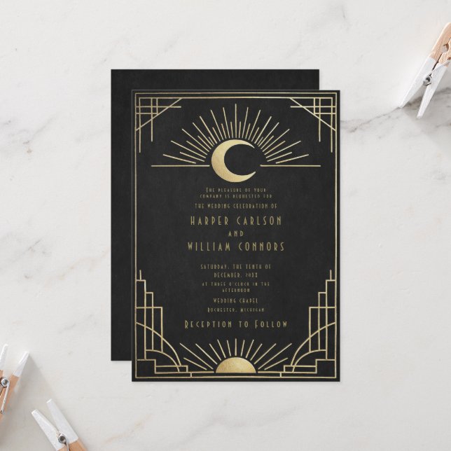 Equinox Art Deco celestial wedding Invitation (Devant/Arrière en situation)