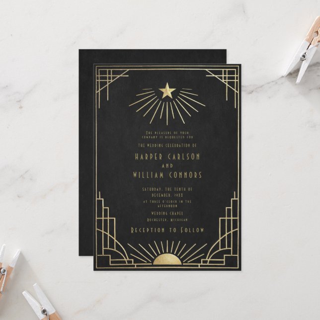 Equinox Art Deco Celestial Wedding Invitation (Devant/Arrière en situation)