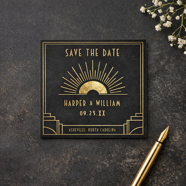 Equinox Mini Save the Date Celestial Art Deco card (Celestial art deco save the date card in black and gold.
)