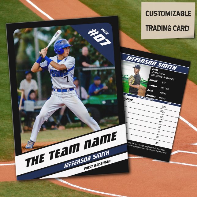 Équipe de baseball carte de commerce Sport cadeau  (Baseball Player Trading Card in Black with Custom Team Name and White Blue Elements)