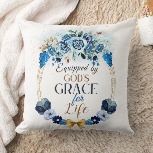 Equipped by God's Grace Blue Gold Floral Wreath Throw Pillow (Blanket)
