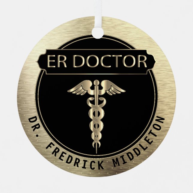 ER Doctor  👨‍⚕️ - Black and Gold Metal Ornament (Front)