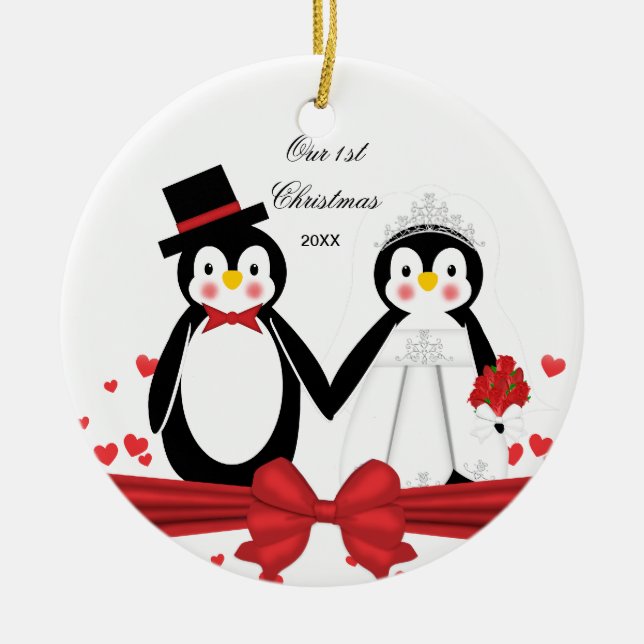 Ęr ornement de Noël de pingouin de mariage mignon (Devant)