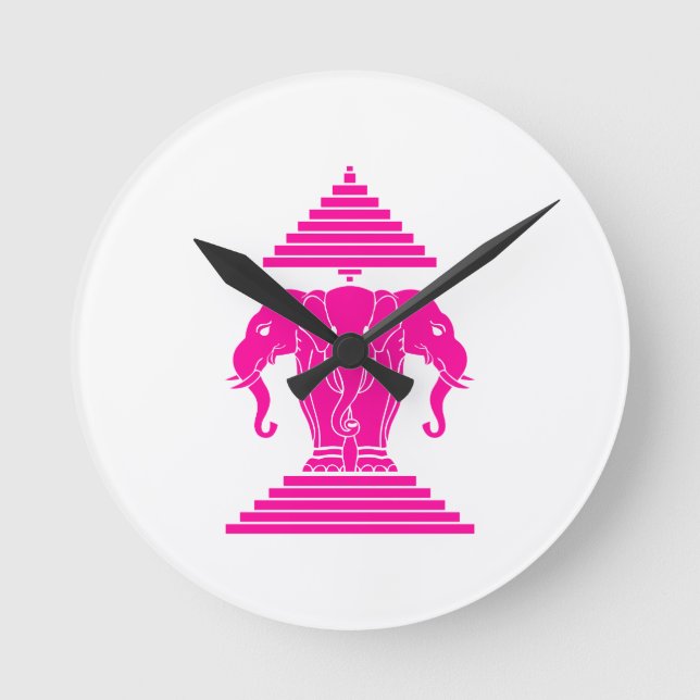 Erawan Pink Three Headed Elephant Lao / Laos Flag Round Clock (Front)