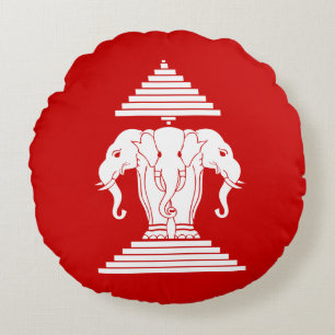 Erawan Three Headed Elephant Lao / Laos Flag Round Pillow