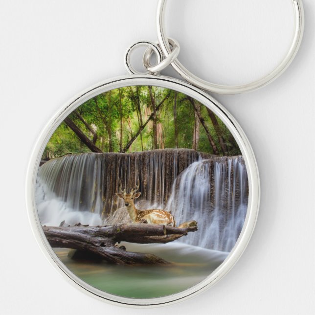 Erawan Waterfall with Deer Relaxing     Keychain (Front)