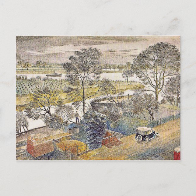 Eric Ravilious art, River Thames, Chiswick Eyot Postcard (Front)
