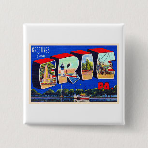 Erie Pennsylvania PA Vintage Large Letter Postcard 2 Inch Square Button