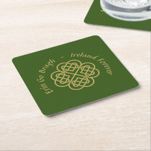 Erin Go Bragh Gold Celtic Shamrock  Square Paper Coaster