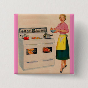 Erma and her double-barrelled oven 2 inch square button