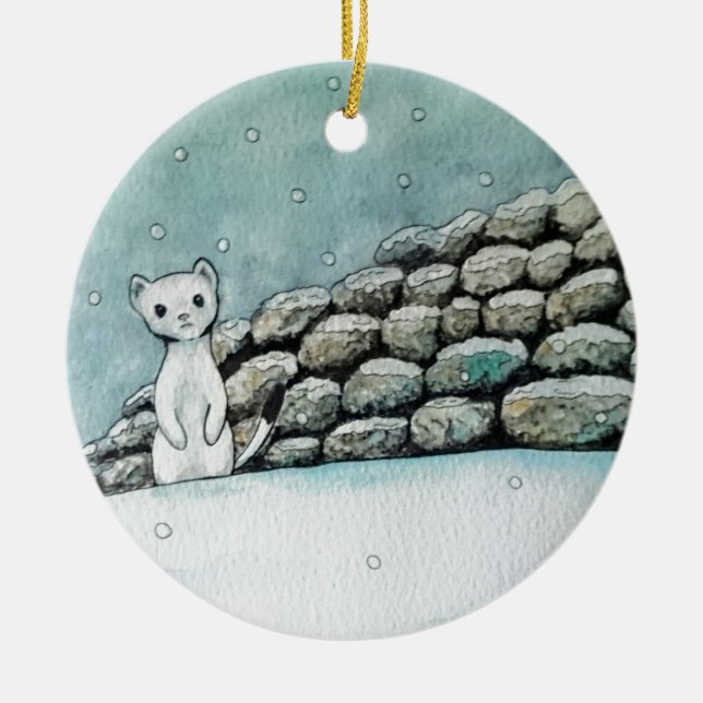 Ermine in the snow ceramic ornament (Front)