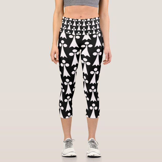 Ermine Pattern, Medieval Pattern, White on Black Capri Leggings (Front)