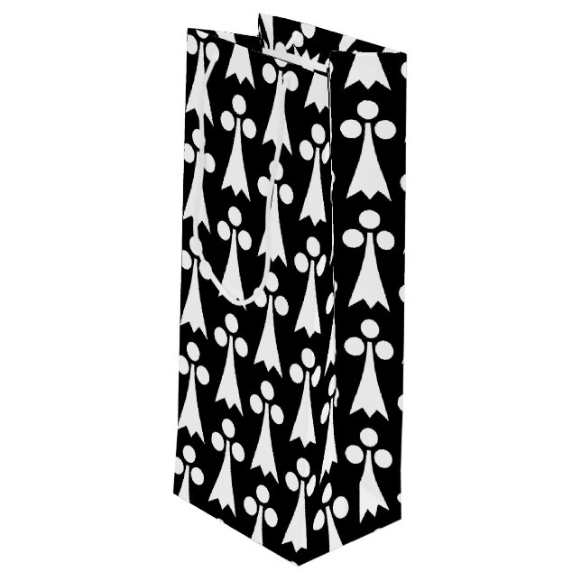 Ermine Pattern, Medieval Pattern, White on Black Wine Gift Bag (Back Angled)