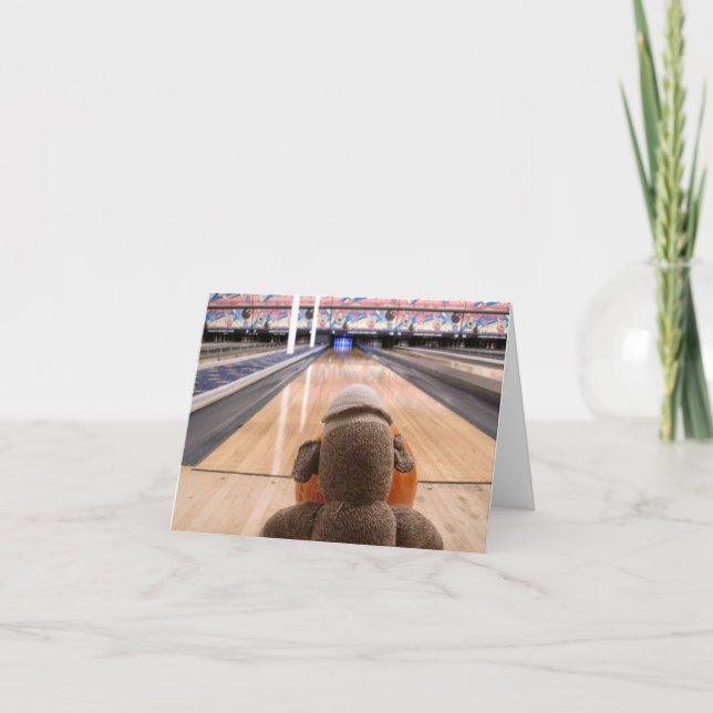 Ernie the Sock Monkey Bowling Note Card (Front)