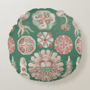 Ernst Haeckel Sea Life Pink Jellyfish Green Poster Round Pillow