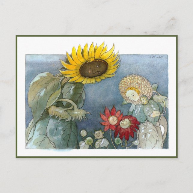 Ernst Kreidolf Vintage Sunflower and Dahlia  Postcard (Front)