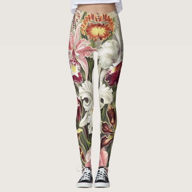 ErnstHaeckel Vintage Botanical Orchid Illustration Leggings (Front)