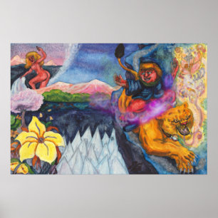 Eros riding Lion Princess watercolor dream Poster