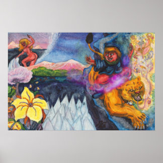 Eros riding Lion Princess watercolor dream Poster